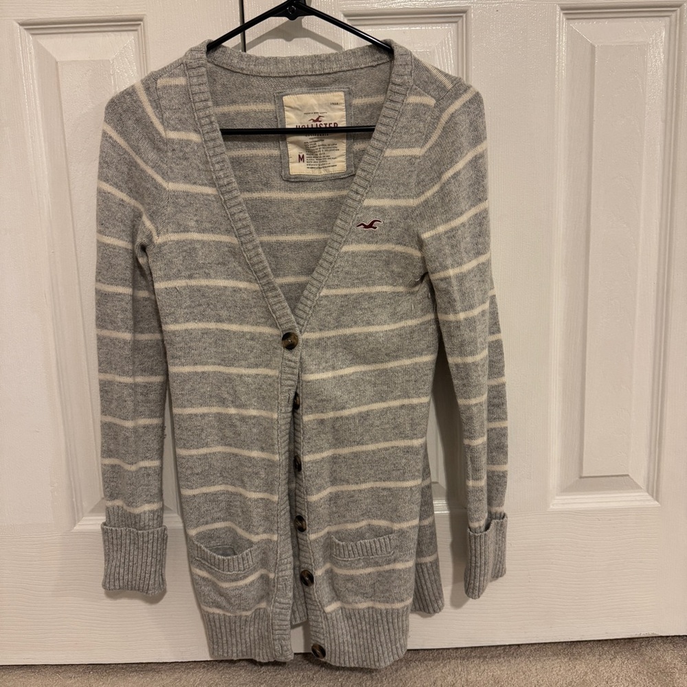 Hollister Gray and White Striped Cardigan Sweater